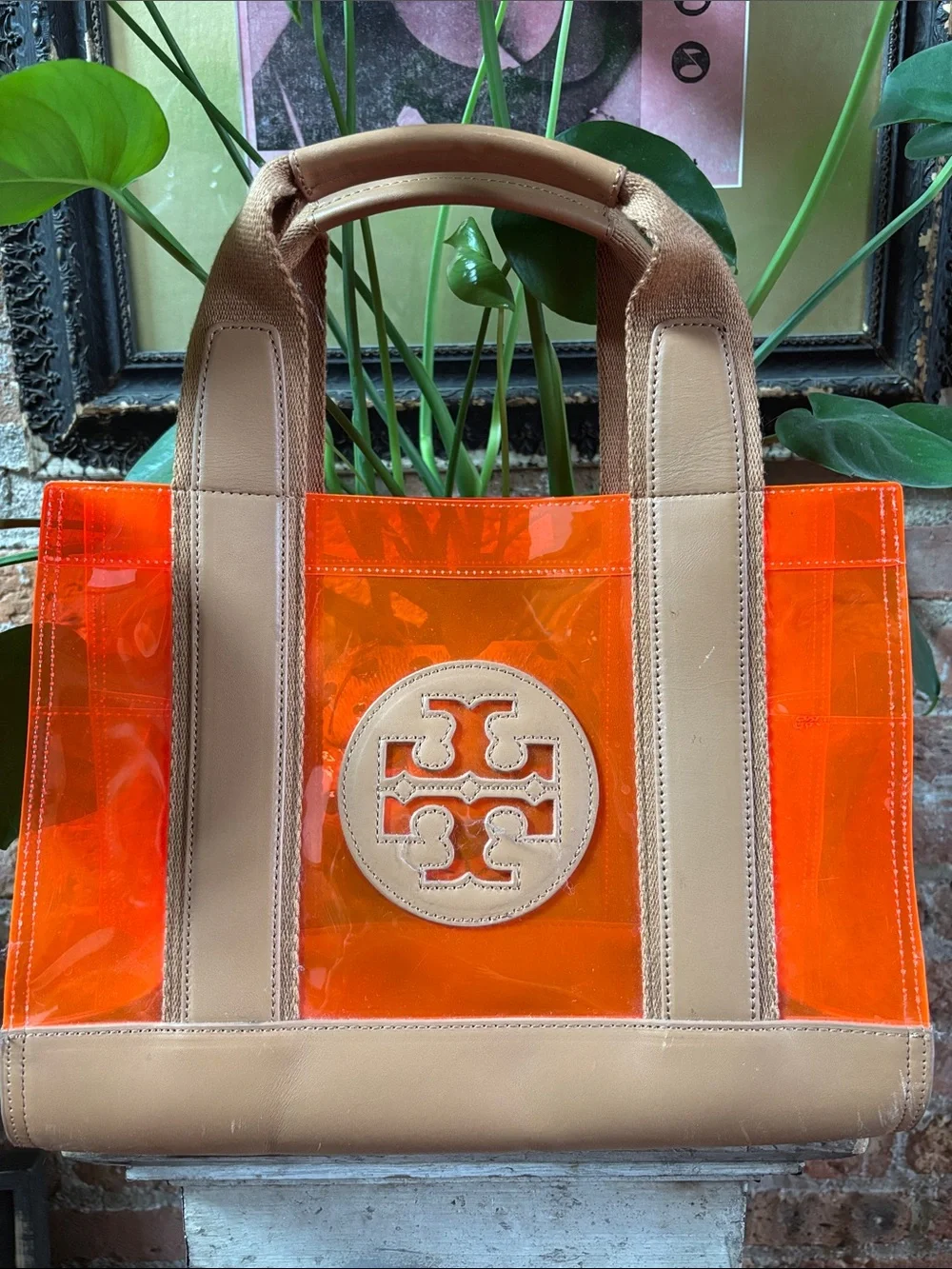 Tory Burch Bright Orange Clear Tote with Tan Trim